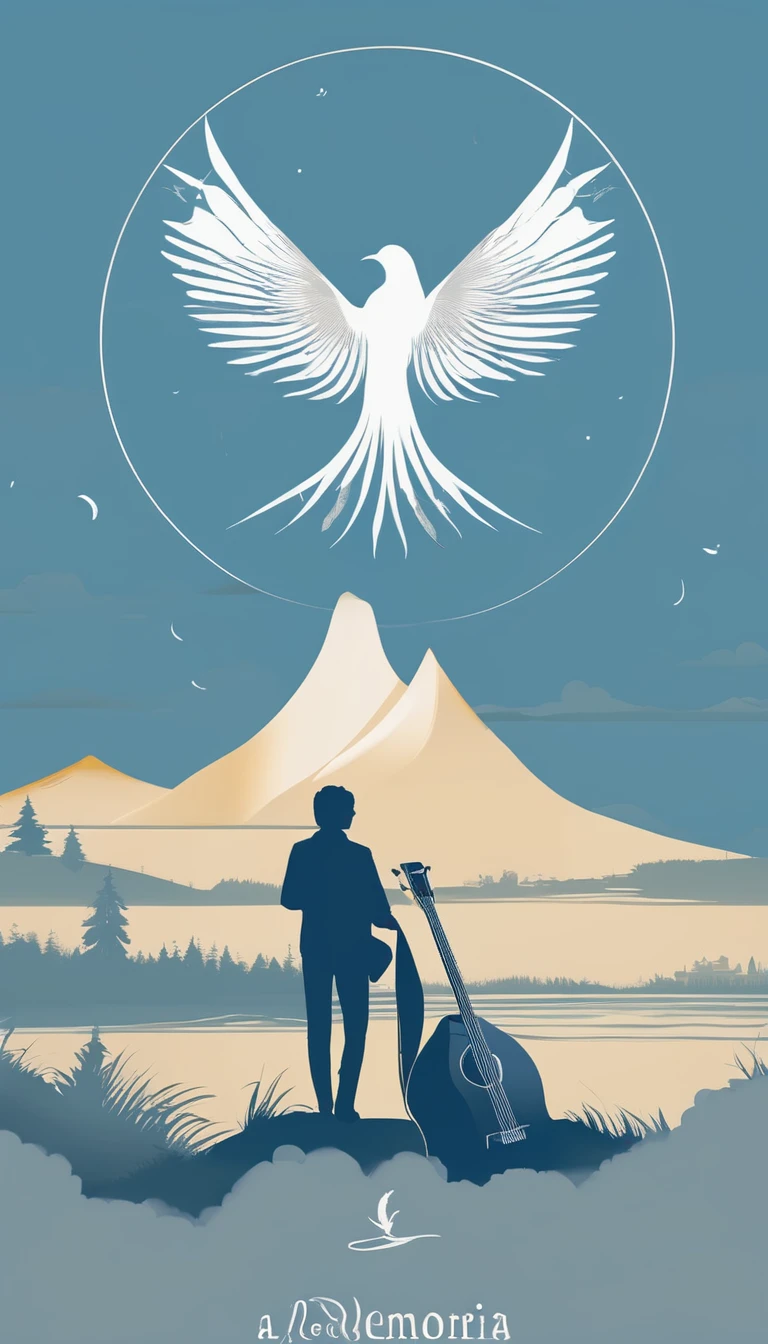 A minimal, modern, simple, cinematic logo design for the brand “Penamemoria". The logo design must be a simple, silhouette of a boy, standing up, playing acoustic guitar and fantasy feather by his side. The logo must convey a sense of music, stories, memories and dreams. Logo design impressed on a book cover. Minimalistic logo. Light blue, soft white and light golden as colors for the logo design