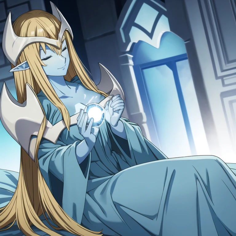 mysticalygo, mystical elf, smile, eyes closed, blue dress, long skirt, blue skin, blue cloak, cape, long robe, blonde hair, long hair, Yugioh, overly long sleeves, no hands, bed, sitting, bedroom, on side, Dutch angle 