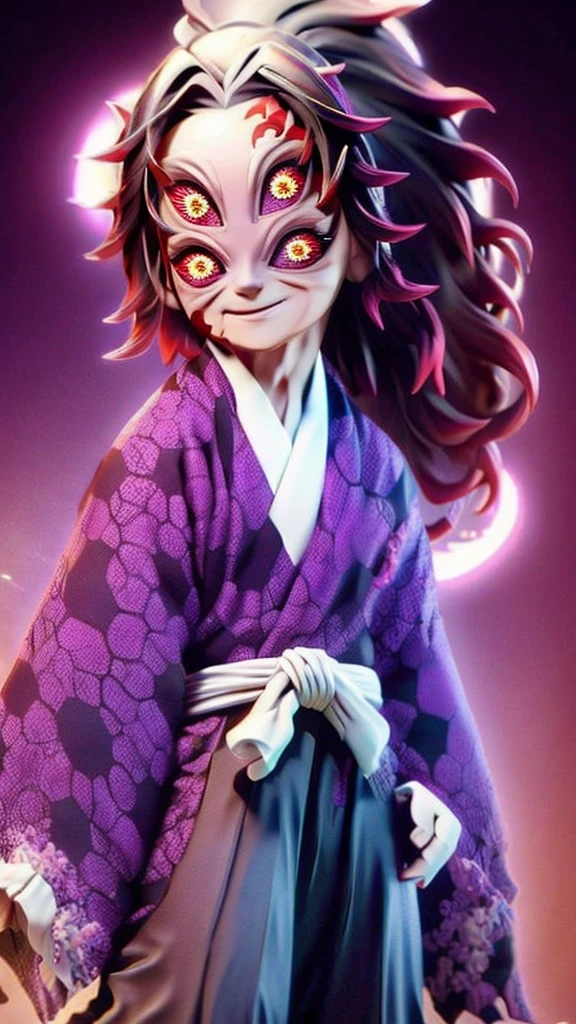 cute、Mini character、Fantasy、Smiling、Rainbow Eyes、Flying happily、Long Hair、ponytail、Six Eyes、Dark kimono and hakama、Eyes６There are、Ghost、楽しそうに飛んでいる