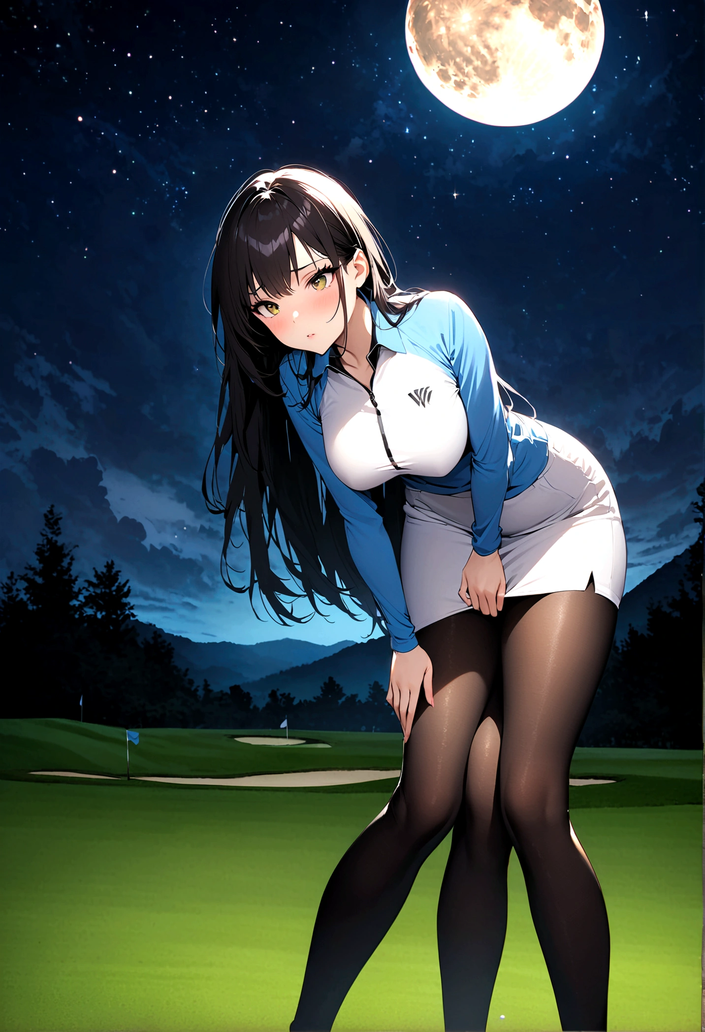 1 female、woman with very long black hair、Busty women、Spectacular views、Night Scene、The view from the top of the hill、Full moon night sky、swirling starry sky、8K、Best Quality、The woman's whole body is in the photo、The woman is wearing a miniskirt and her crotch is visible.、Wearing pantyhose、Standing motionless in golf wear, staring at the ball