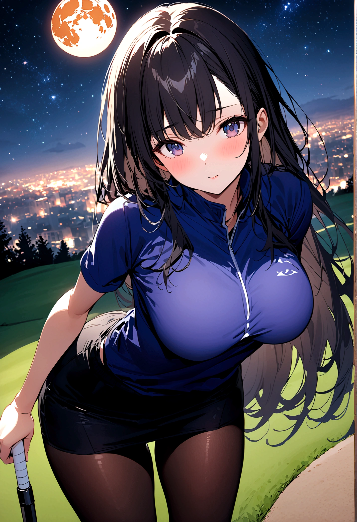 1 female、woman with very long black hair、Busty women、Spectacular views、Night Scene、The view from the top of the hill、Full moon night sky、swirling starry sky、8K、Best Quality、The woman's whole body is in the photo、The woman is wearing a miniskirt and her crotch is visible.、Wearing pantyhose、Standing motionless in golf wear, staring at the ball