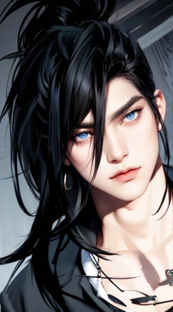 (masterpiece,best quality,ultra_detailed,highres,absurdres),1 mature male, 30-ish, (wide shoulder), (muscular), male focus, solo, black hair, chain, shirt, black necktie, necktie, simple background, blue eyes, upper body, vest, long hair, looking at viewer, parted lips, collared shirt, round eyewear, long sleeves, black shirt, black vest, monocle, jewelry, lawyer, court background.