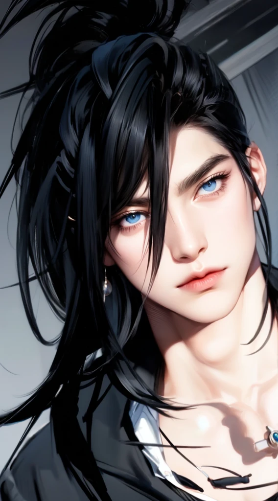 (masterpiece,best quality,ultra_detailed,highres,absurdres),1 mature male, 30-ish, (wide shoulder), (muscular), male focus, solo, black hair, chain, shirt, black necktie, necktie, simple background, blue eyes, upper body, vest, long hair, looking at viewer, parted lips, collared shirt, round eyewear, long sleeves, black shirt, black vest, monocle, jewelry, lawyer, court background.
