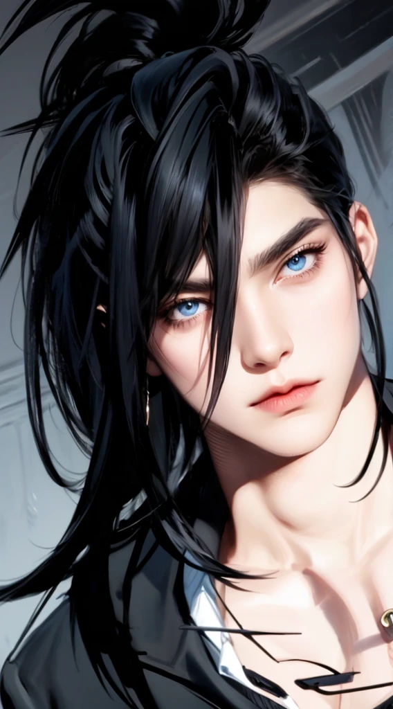 (masterpiece,best quality,ultra_detailed,highres,absurdres),1 mature male, 30-ish, (wide shoulder), (muscular), male focus, solo, black hair, chain, shirt, black necktie, necktie, simple background, blue eyes, upper body, vest, long hair, looking at viewer, parted lips, collared shirt, round eyewear, long sleeves, black shirt, black vest, monocle, jewelry, lawyer, court background.
