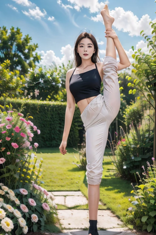 1 Girl,One-leg stand,Leg lift,stocking,Leg socks,underwear,garden,Flowers,Blue sky,looking at the audience,photoPractical,Practical,Solitary,