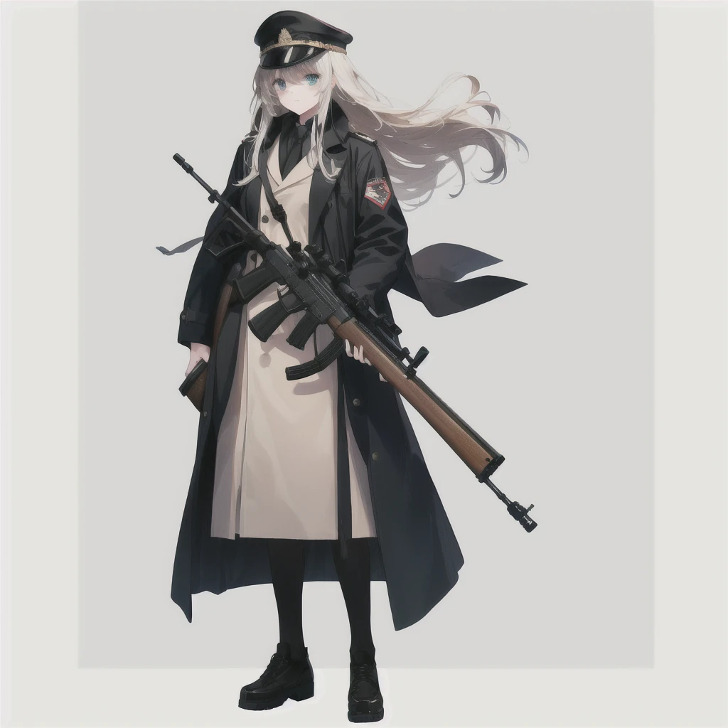 A man in a long coat、Girl holding rifle and rifle