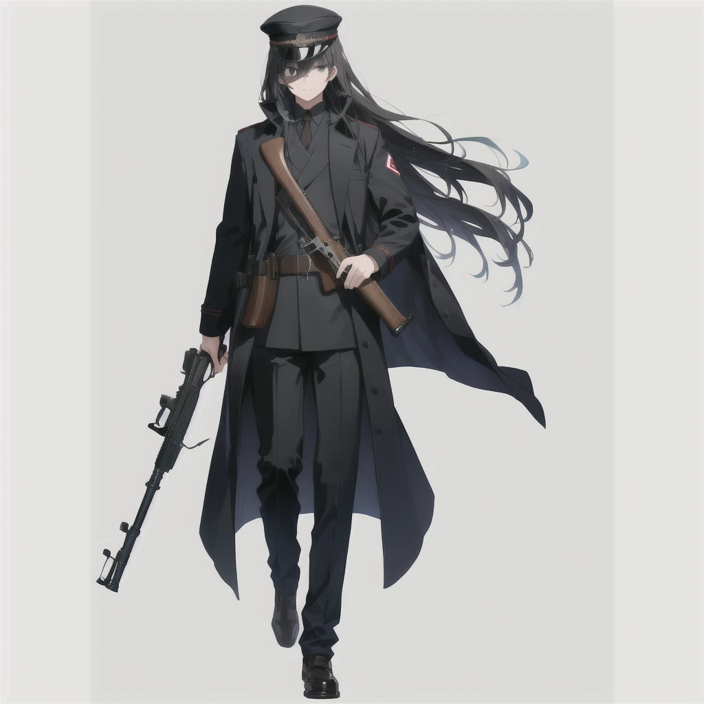 A man in a long coat、Girl holding rifle and rifle