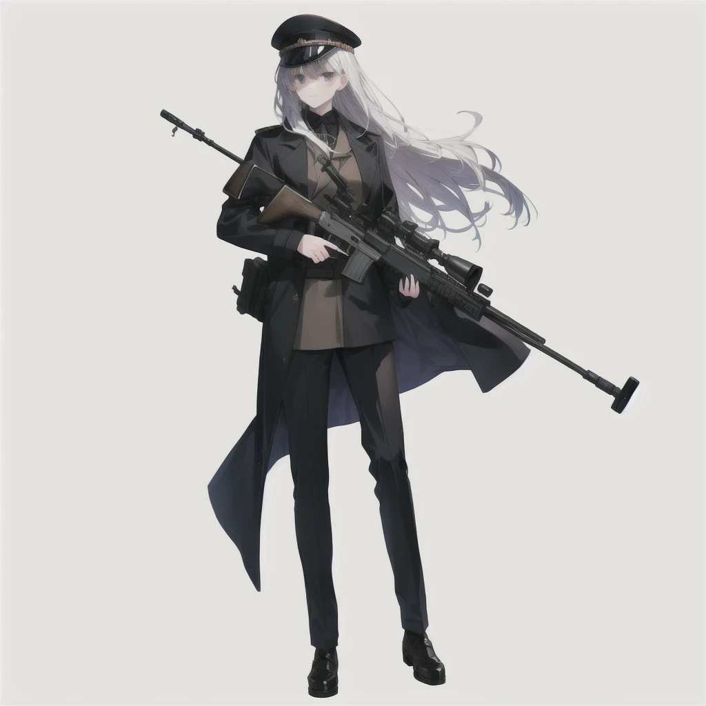A man in a long coat、Girl holding rifle and rifle