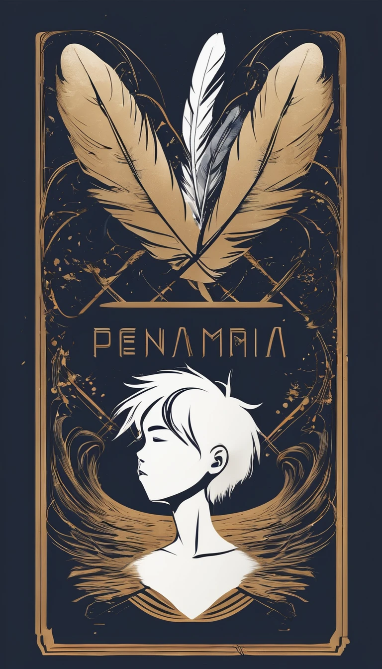 A minimal, modern, simple, cinematic logo design e of a boy with a head full of feathers for the brand “Penamemoria" .