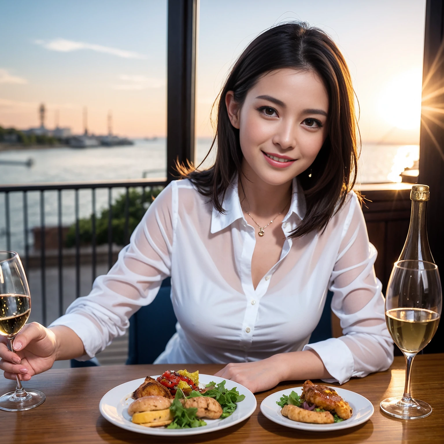 ((Highest quality、8K、masterpiece:1.3))、slimカップル、Pink rubber、modelカップル、(Realistic, Intricate details:1.2), full-course dinner、Wine Party、Amazing view of the sunset sky and clouds、A bright smile、The wonderfulness of smile、Bright image、The beauty of wine, Beautiful Face, blue eyes, The light shines on your face, Blushing, short hair,Bright Face、 (Age 44), 39 years old, red wine 、Appetizers、Italian food、Wine bottle、Champagne、sparkling wine、Two beauties、Brown Hair、Shortcuts、Long sleeve shirt、dress、Beautiful woman 1, (slimな顔), (The body is slim), (Brown Hair), (Shortcuts), cheeks turn a little red,Attractive beauty、restaurant, In a prominent place (From the waist up) Nova Frog Style, actress, model, Upper Body, White wine, slim, wine glass, 中央に置かれたwine glass, smile, (smile: 1.15), Beautiful fine grain, Depth f/2,saturation, High Contrast, Strong light and shadow,Moist Body:1.5、3D texture、Delicate eyes、Brown Hair、The hair is very shiny、