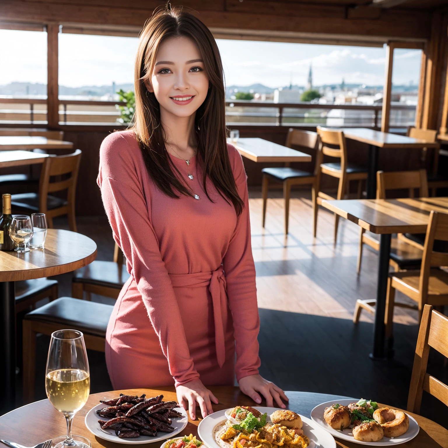 ((Highest quality、8K、masterpiece:1.3))、slimカップル、Pink rubber、modelカップル、(Realistic, Intricate details:1.2), full-course dinner、Wine Party、Amazing view of the sunset sky and clouds、A bright smile、The wonderfulness of smile、Bright image、The beauty of wine, Beautiful Face, blue eyes, The light shines on your face, Blushing, short hair,Bright Face、 (Age 44), 39 years old, red wine 、Appetizers、Italian food、Wine bottle、Champagne、sparkling wine、Two beauties、Brown Hair、Shortcuts、Long sleeve shirt、dress、Beautiful woman 1, (slimな顔), (The body is slim), (Brown Hair), (Shortcuts), cheeks turn a little red,Attractive beauty、restaurant, In a prominent place (From the waist up) Nova Frog Style, actress, model, Upper Body, White wine, slim, wine glass, 中央に置かれたwine glass, smile, (smile: 1.15), Beautiful fine grain, Depth f/2,saturation, High Contrast, Strong light and shadow,Moist Body:1.5、3D texture、Delicate eyes、Brown Hair、The hair is very shiny、