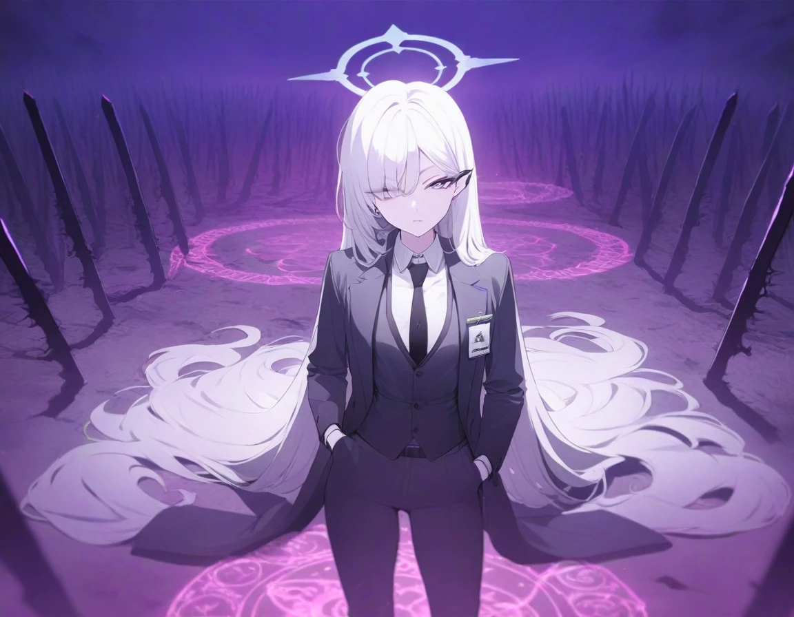 (Highest quality), (High resolution), (masterpiece), (Super detailed), (Highest quality), (High resolution), (masterpiece), (Super detailed), (Bright saturation), Thigh-length hair, White Hair, Heterogeneous eyes: purple left eye and blue right eye, Blue Archive Art Style, One girl, With a black sword, Left hand in pocket,  girl, (Black long coat, White shirt, Black tie, Black trousers, suit,) whole body, Countless swords are stuck in the ground, Magic circle in the background, Expressionless, Dark Aura, Black Light, Vivid saturation, Black Light輪