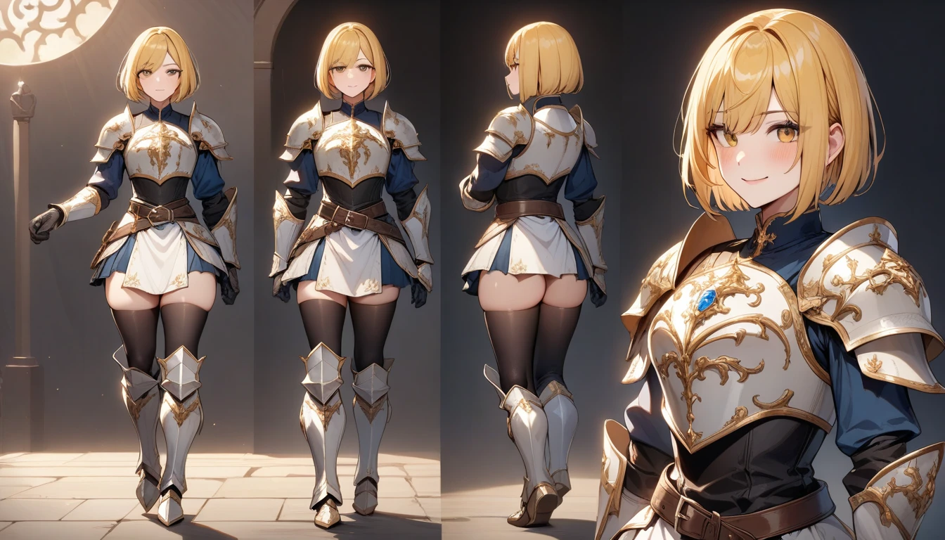 Masterpiece, best quality, very detailed, ((full body)), 1boy, ((solo)), femboy, (effeminate), knight, long hair, (golden hair), ((bob haircut)), looking at viewer, extremely detailed eyes, (golden eyes), blushing slighly, smiling, detailed nose, spiked pauldrons, (golden ornaments), ornate chest plate armor with gemstones, (blue gemstones), dented details on armor, belts and buckles on waist, deteriorated Greaves, ripped leather skirt, black thigh highs, (thick thighs), standing, simple background, dark ambiance, ambiance light