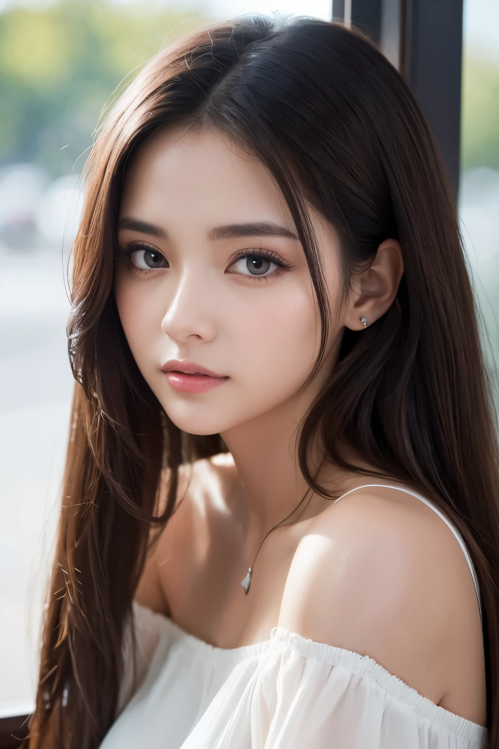 (25-year-old woman),(Big Breasts:0.5), White Sleeveless) Off-the-shoulder blouse, (Maximum resolution:1.4), (Super high quality: 1.2),Cinematic Light,super high quality(Beautiful big eyes and skin), (Detailed facial features), Hmph, 8K resolution,perfect style,Beautiful expression、Highly detailed face and skin、Texture、Detailed eyes、double eyelid、eyeliner、Shiny skin、 Realistic, Sexy whole body