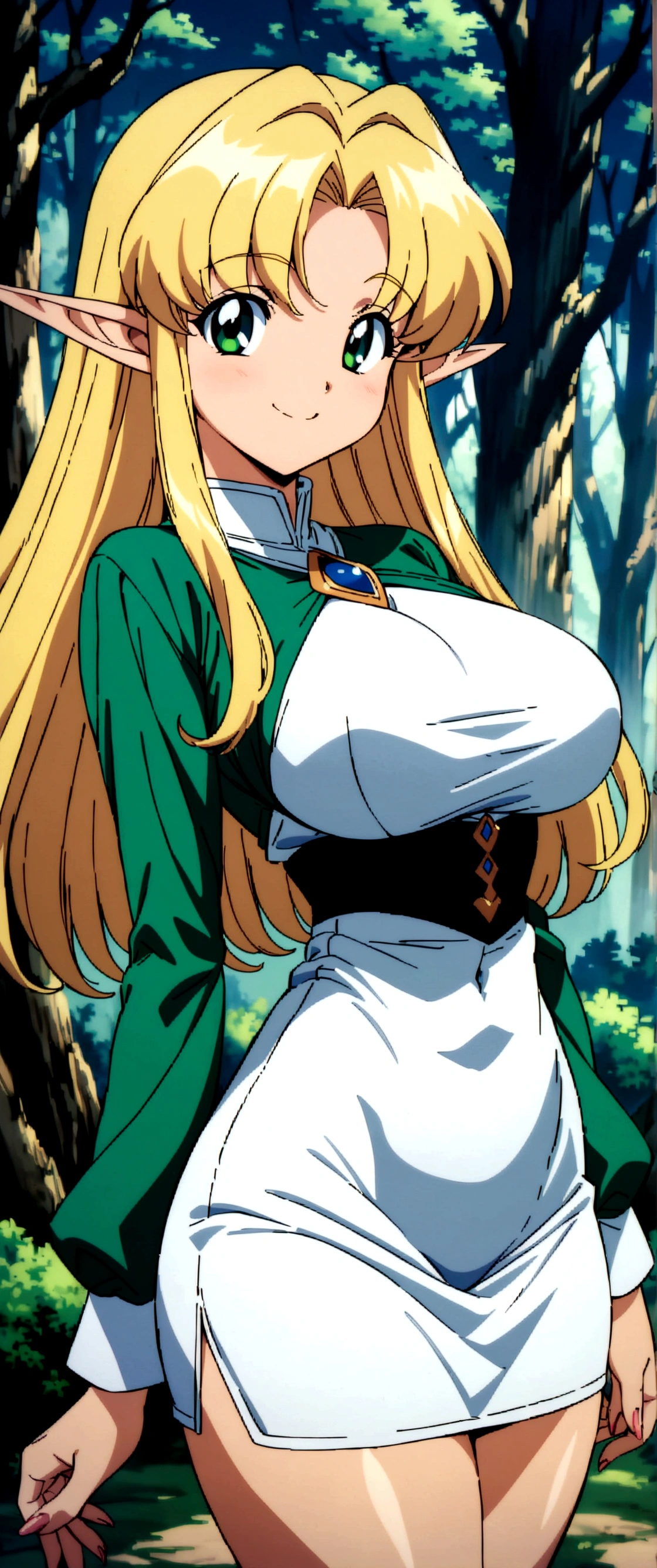 Masterpiece, highest quality, ultra detailed, 90s anime, pretty elf woman, round eyes, big smile, blonde hair, green eyes, large breasts, slim body, short dress, long sleeves, fantasy setting, forest background