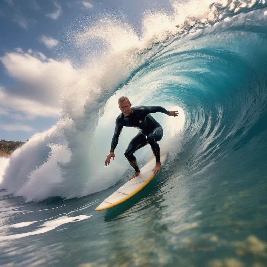 A surfer passing under the waves without hesitation, delicate, photo, 3D