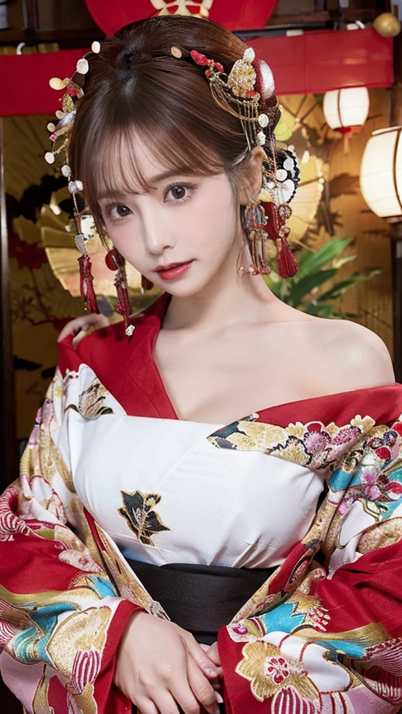 (Detailed skin:1.2),(Shiny skin:1.1),8K,Highest quality, masterpiece, Ultra-high resolution,(Realistic:1.4), RAW Photos,(Soft saturation:1.3),(Fair skin:1.2),Half-Japanese beauty,repair,20 years, Light brown hair, （Up-Hairstyles:1.2), Asymmetrical Hair, (Pretty face:1.4), (Large Breasts, Tight waist), Beautiful lighting, (Sexy Oiran:1.2,),Highly detailed face, Highly detailed lips, fine grain, double eyelid, （Sharp focus: 1.2）, （Perfect Anatomy),(Beautiful woman with perfect figure: 1.2）、Exposing cleavage、Random sexy poses，(Accentuate your leg lines:1.２)、kimono、Sharp Eyes,Alluring expression、Gorgeous hair ornament、Japanese style background