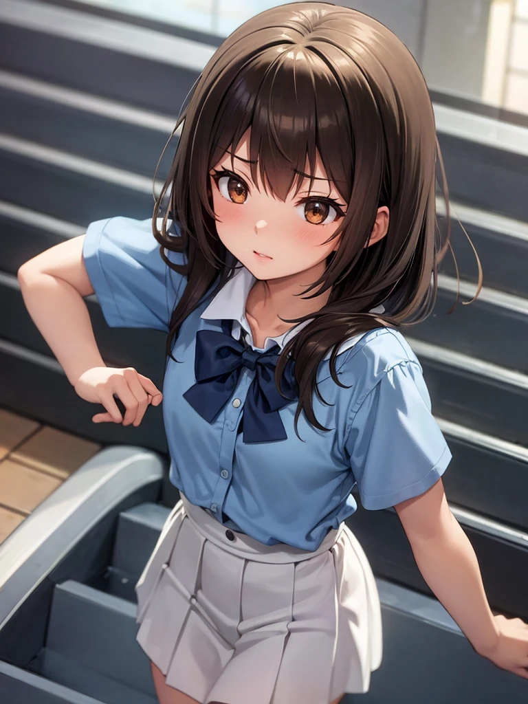 master piece, extremely detailed, high resolution,Makoto Shinkai style、high school girl、1 girl、Upper body only、Short-sleeved shirt、Blue bow tie、Glossy, plump lips、Shiny Hair、Brown Hair、Long Straight Hair、Mid-chest、Narrow waist、Checkered mini skirt、Climbing an escalator、Backwards、Looking up from below、Skirt is held back、You can see inside the skirt from behind、Embarrassed look、Looking at me shyly、Red cheeks、