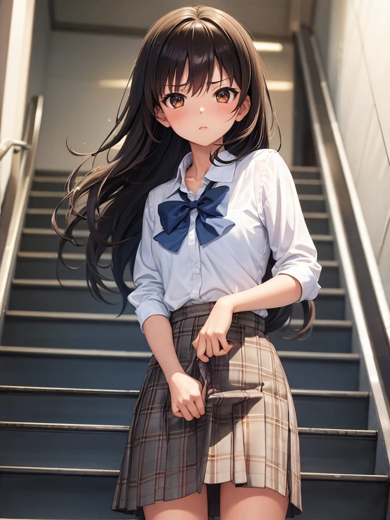 master piece, extremely detailed, high resolution,Makoto Shinkai style、high school girl、1 girl、Upper body only、Short-sleeved shirt、Blue bow tie、Glossy, plump lips、Shiny Hair、Brown Hair、Long Straight Hair、Mid-chest、Narrow waist、Checkered mini skirt、Climbing an escalator、Backwards、Looking up from below、Skirt is held back、You can see inside the skirt from behind、Embarrassed look、Looking at me shyly、Red cheeks、