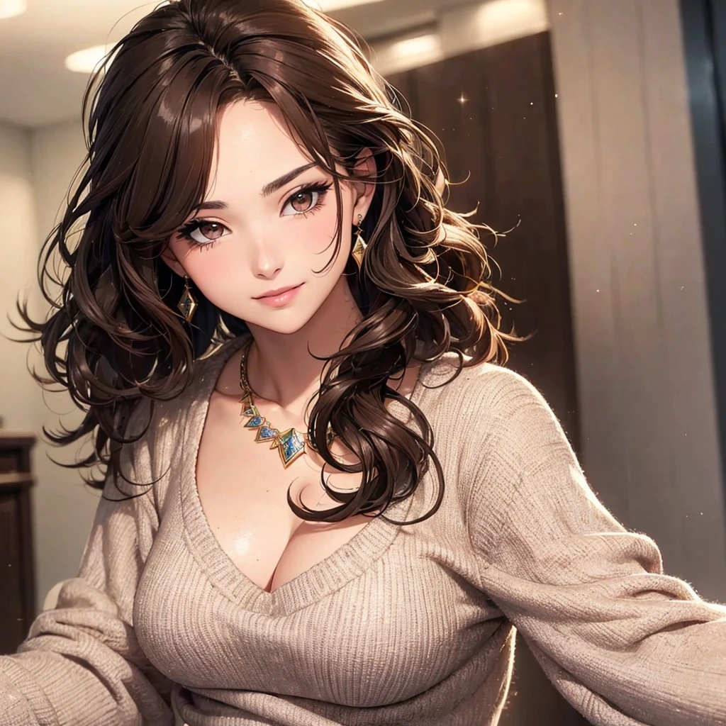 (1 photo from the front)Winter clothes, beautiful face, Highly detailed face and skin texture, (fine eyes), brown eyes, double eyelid, thin eyebrows, glitter eyeliner: 1.2, natural cheeks, glowing skin, Fair skin: 1. 2, shiny necklace and earrings, (glossy lips: 1. 4), (enchanting smile), (20-year-old), (high ponytail, wavy hair, brown hair, diagonal bangs), medium long hair, (upper body shot), (focus on chest and face), medium big breasts, swollen chest.