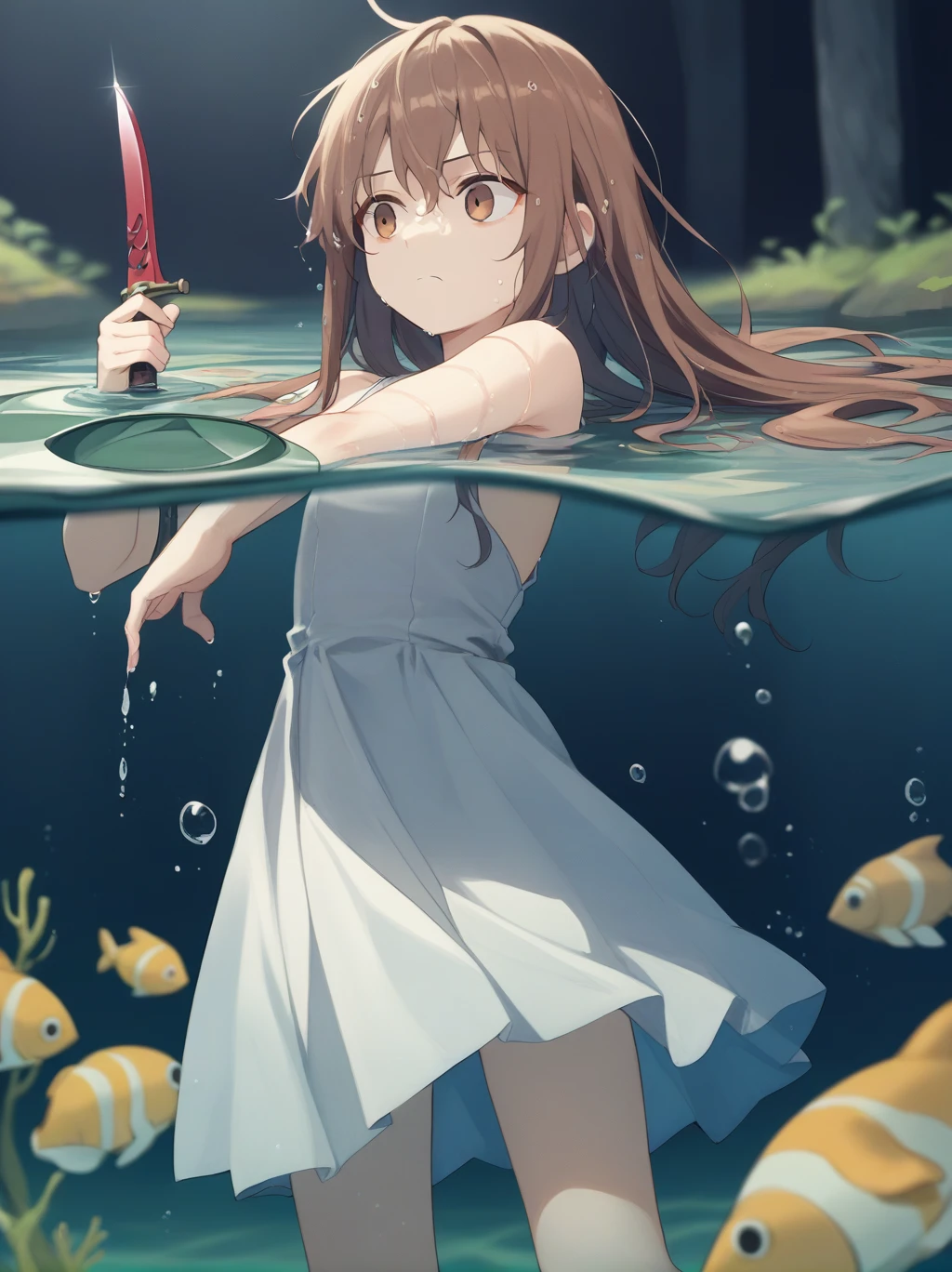 partially underwater,
One Girl, Long Hair, Brown Hair, Wet Hair,
White Dress, Swamp,
Dark Background, Blurred Edges,8-year-old、Adventurer、Flat Chest、Pitch-dark underground labyrinth、No light、skirt、Equipped with a dagger and a shield、Face above water、Corpses in the water, Underwater Photography、浮力でskirt捲れる