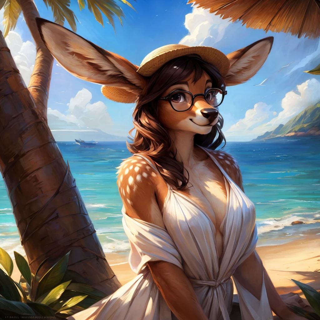 uploaded on e621, by Pixelsketcher, by Bayard Wu, by Thomas Benjamin Kennington , by Einshelm, by hioshiru and kenket, Chunie, portrait, solo anthro female deer doe, with small featureless breasts, clear dark blue, cinematic lighting, day, sunny day, beach, stays in the sea, sea background, mediterranean background, horizon background, shiny, short curly dark brown hair, wears big black nerd glasses, very very beautiful furry art, furry art, smiling, joyful, shiny, happy, feminine, cute face, muzzle, fluffy chest, flawless face, Fallow deer, 1girl, Sakimichan is beautiful, Masterpiece, Wavethesallow Face, shiny, Detailed image, portrait, Detailed image, portrait, full body, wearing wide, long, white blouse, wearing big and wide beige summer straw hat, shiny, realistic face, perfect anatomy, hourglass body, (furry body:1.1), anthropomorphic deer, looks at the viewer, small fluffy tail, detailed background, (cute anatomy:1.1), windy