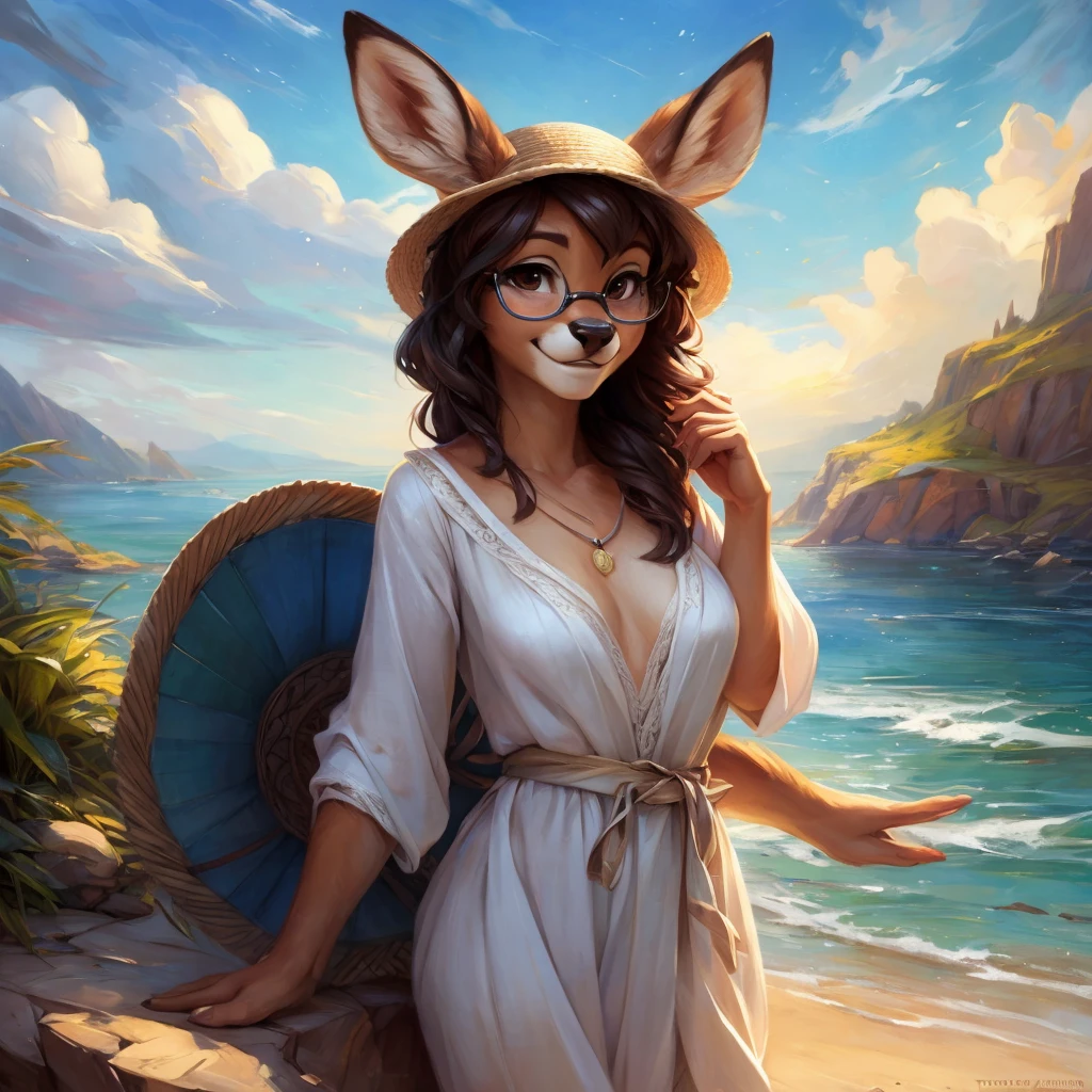 uploaded on e621, by Pixelsketcher, by Bayard Wu, by Thomas Benjamin Kennington , by Einshelm, by hioshiru and kenket, Chunie, portrait, solo anthro female deer doe, with small featureless breasts, clear dark blue, cinematic lighting, day, sunny day, beach, stays in the sea, sea background, mediterranean background, horizon background, shiny, short curly dark brown hair, wears big black nerd glasses, very very beautiful furry art, furry art, smiling, joyful, shiny, happy, feminine, cute face, muzzle, fluffy chest, flawless face, Fallow deer, 1girl, Sakimichan is beautiful, Masterpiece, Wavethesallow Face, shiny, Detailed image, portrait, Detailed image, portrait, full body, wearing wide, long, white blouse, wearing big and wide beige summer straw hat, shiny, realistic face, perfect anatomy, hourglass body, (furry body:1.1), anthropomorphic deer, looks at the viewer, small fluffy tail, detailed background, (cute anatomy:1.1), windy