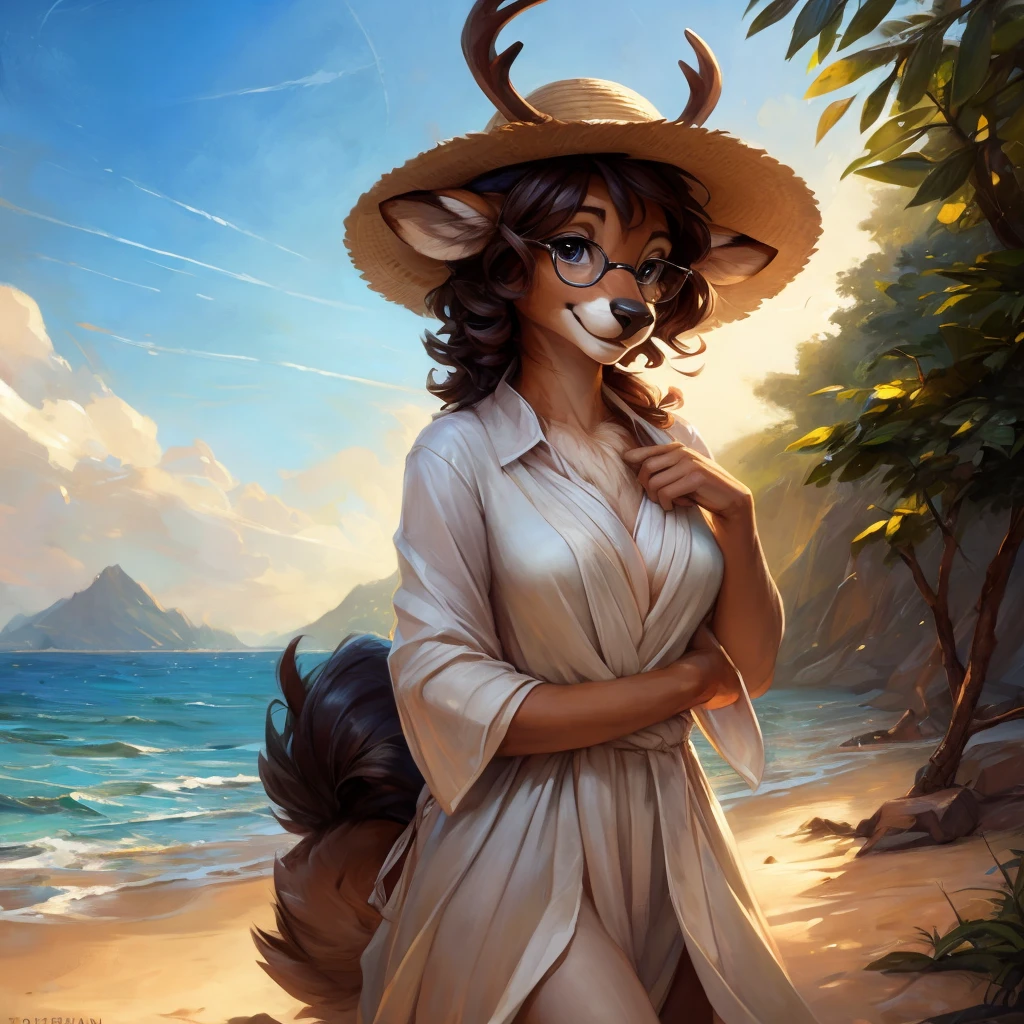 uploaded on e621, by Pixelsketcher, by Bayard Wu, by Thomas Benjamin Kennington , by Einshelm, by hioshiru and kenket, Chunie, portrait, solo anthro female deer doe, with small featureless breasts, clear dark blue, cinematic lighting, day, sunny day, beach, stays in the sea, sea background, mediterranean background, horizon background, shiny, short curly dark brown hair, wears big black nerd glasses, very very beautiful furry art, furry art, smiling, joyful, shiny, happy, feminine, cute face, muzzle, fluffy chest, flawless face, Fallow deer, 1girl, Sakimichan is beautiful, Masterpiece, Wavethesallow Face, shiny, Detailed image, portrait, Detailed image, portrait, full body, wearing wide, long, white blouse, wearing big and wide beige summer straw hat, shiny, realistic face, perfect anatomy, hourglass body, (furry body:1.1), anthropomorphic deer, looks at the viewer, small fluffy tail, detailed background, (cute anatomy:1.1), windy