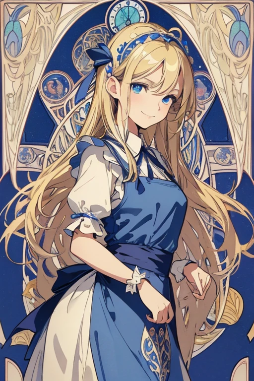 masterpiece, Highest quality, Very detailed, 16K, Ultra-high resolution, Cowboy Shot, Alice in Wonderland, (art nouveau:1.3), 10-year-old girl, Detailed face, smile, blue eyes,Blonde, Long Hair, Ribbon on head, Blue clothes, White apron, In a room with a big clock