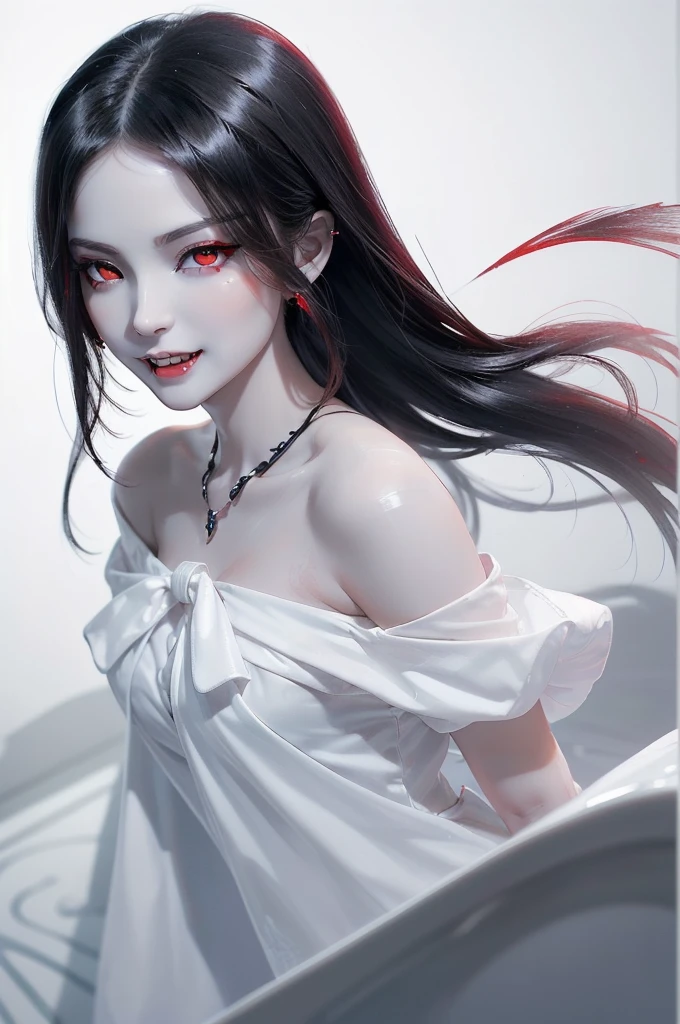 (1:1 girl solo half body portrait high quality) ((hot vampire girl) ((long balck hair) ((big beautiful red eyes)) (((fangs)) ((sexy perfect body))) ((nadja from what we do in the shadows)) ((perfect porcelain skin)) beautiful girl forever young