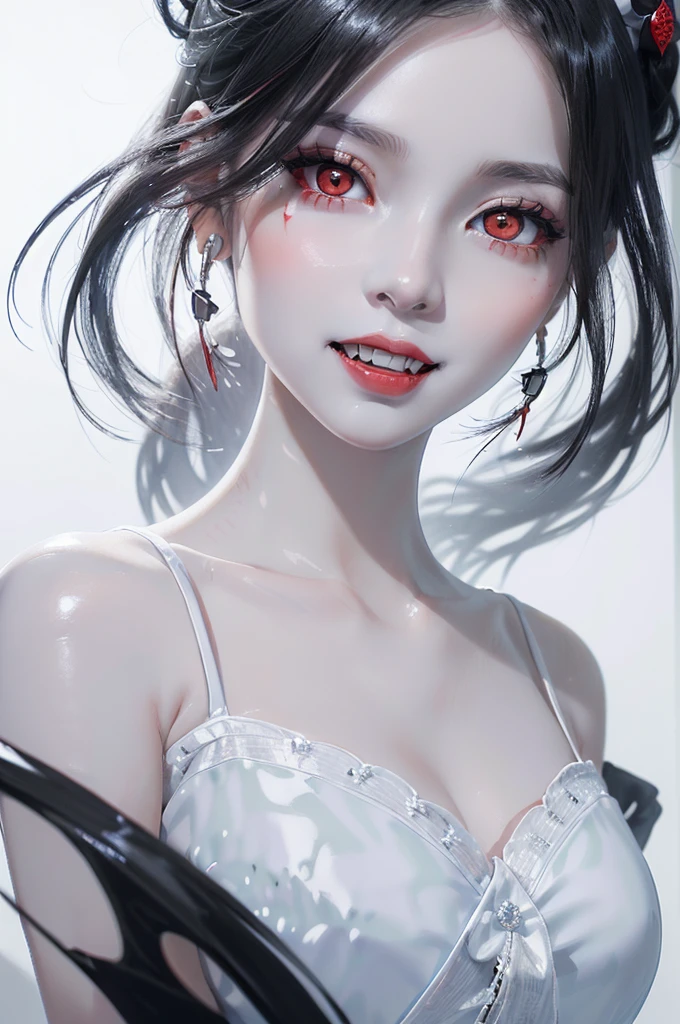 (1:1 girl solo half body portrait high quality) ((hot vampire girl) ((long balck hair) ((big beautiful red eyes)) (((fangs)) ((sexy perfect body))) ((nadja from what we do in the shadows)) ((perfect porcelain skin)) beautiful girl forever young
