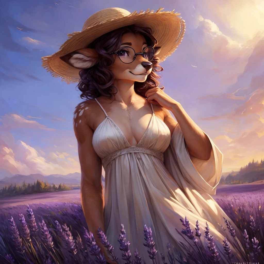 uploaded on e621, by Pixelsketcher, by Bayard Wu, by Thomas Benjamin Kennington , by Einshelm, by hioshiru and kenket, Chunie, portrait, solo anthro female deer doe, with small featureless breasts, clear dark blue, cinematic lighting, day, sunny day, lavender field, stays in a lavender field, lavender field background, mediterranean background, horizon background, shiny, short curly dark brown hair, wears big black nerd glasses, very very beautiful furry art, furry art, smiling, joyful, shiny, happy, feminine, cute face, muzzle, fluffy chest, flawless face, Fallow deer, 1girl, Sakimichan is beautiful, Masterpiece, Wavethesallow Face, shiny, Detailed image, portrait, Detailed image, portrait, full body, wearing pure white and wide spaghetti straps dress, wearing big and wide beige summer straw hat, shiny, realistic face, perfect anatomy, hourglass body, (furry body:1.1), anthropomorphic deer, looks at the viewer, small fluffy tail, detailed background, (cute anatomy:1.1), stands in a lavender field
