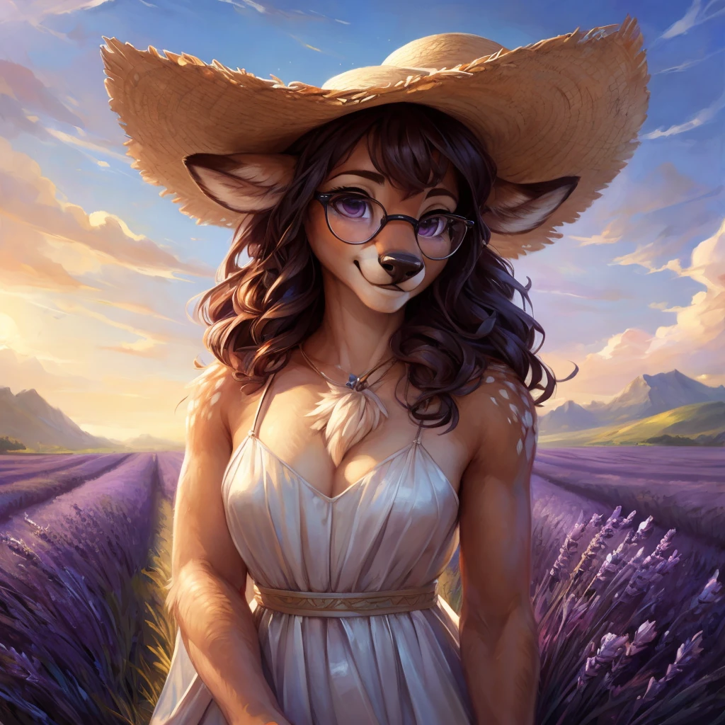 uploaded on e621, by Pixelsketcher, by Bayard Wu, by Thomas Benjamin Kennington , by Einshelm, by hioshiru and kenket, Chunie, portrait, solo anthro female deer doe, with small featureless breasts, clear dark blue, cinematic lighting, day, sunny day, lavender field, stays in a lavender field, lavender field background, mediterranean background, horizon background, shiny, short curly dark brown hair, wears big black nerd glasses, very very beautiful furry art, furry art, smiling, joyful, shiny, happy, feminine, cute face, muzzle, fluffy chest, flawless face, Fallow deer, 1girl, Sakimichan is beautiful, Masterpiece, Wavethesallow Face, shiny, Detailed image, portrait, Detailed image, portrait, full body, wearing pure white and wide spaghetti straps dress, wearing big and wide beige summer straw hat, shiny, realistic face, perfect anatomy, hourglass body, (furry body:1.1), anthropomorphic deer, looks at the viewer, small fluffy tail, detailed background, (cute anatomy:1.1), stands in a lavender field