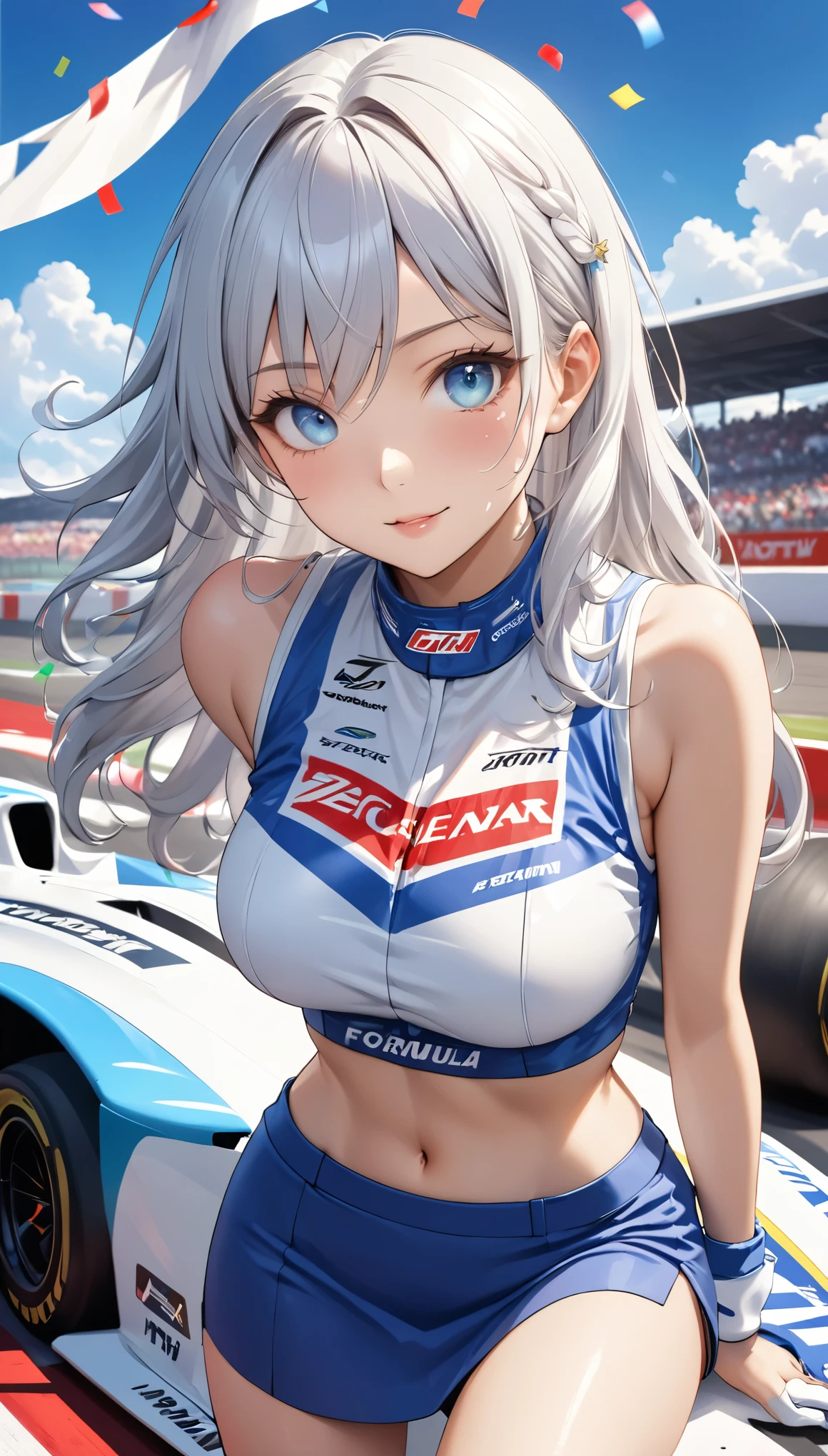 Highest quality, Super quality, 16K, Incredibly absurd, Very detailed, 2.5D, delicate and dynamic, blue sky, Confetti, Racing Car, Flag, Small face, Extremely delicate facial expression, Delicate eye depiction, Extremely detailed hair, Upper body close-up, erotic, sole sexy lady, healthy shaped body, 22 years old lady, Race Queen, 170cm tall, big firm bouncing busts, white silver long hair, sexy long legs, Glowing Skin, , 派手なRace Queenのコスチューム, blue tight skirt, white leather long boots, Formula 1, Auto Racing Track