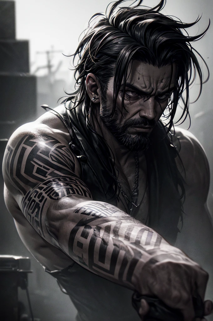 group of rugged and rough-looking gangsters, detailed tattoos, piercings, weathered coats, dark and gritty atmosphere, cinematic lighting, moody colors, high contrast, grungy textures, dramatic poses, intense expressions, (best quality,4k,8k,highres,masterpiece:1.2),ultra-detailed,(realistic,photorealistic,photo-realistic:1.37),dark and moody,cinematic,chiaroscuro lighting,moody color palette,gritty and grungy,intense expressions,dramatic poses