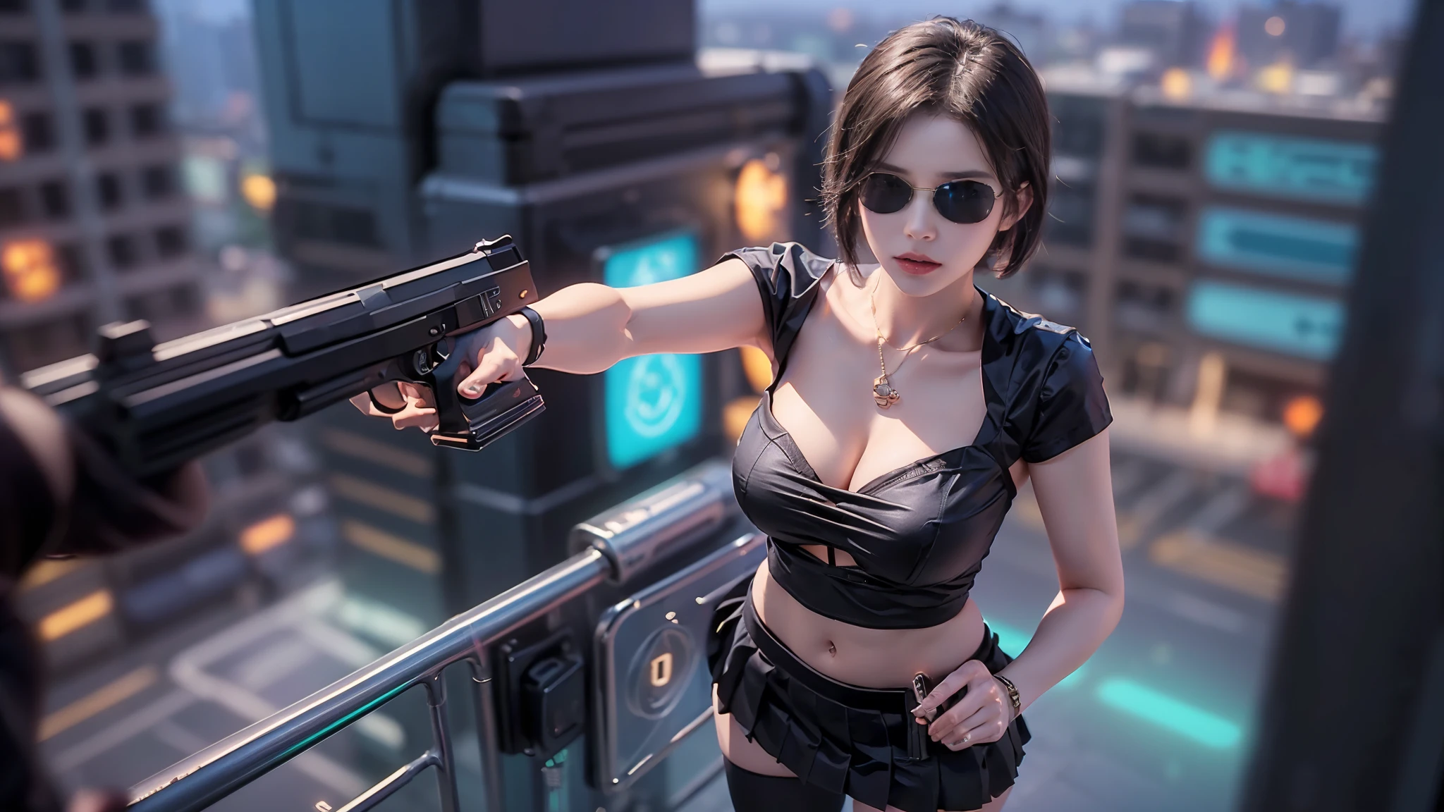at night, futuristic sci-fi cyberpunk city, broad viaduct, skyscrapers at the end of the viaduct, the movie "13th Floor" style, hq. Matrix style, at night, (1girl, solo), photo realistic, (large-breast:1.2 slim body, cleavage:1.3), (((tube top, extreamly short pleated (((miniskirt))) exposing panty))), (((((matrix style black sunglasses))))), (((((aiming at camera with a (pistol)))))), (((half-body (thigh level) medium shot))), (cinematic lighting).