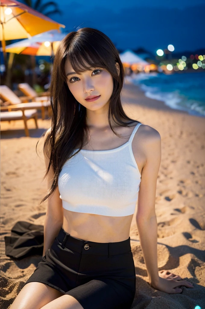 (masterpiece:1.3), High resolution, Super detailed, 非常に詳細な CG ユニティ 8K 壁紙, Realistic, photo-Realistic, RAW Photos, Beautifully detailed face, Pale skin, Realistic glistening skin, Detailed cloth texture, Detailed hair texture, Perfect body, Beautiful Face, Accurate, Anatomically correct, Highly detailed face and skin texture, Natural neck length, (Beautiful Hands), (Fair skin:1.2), Thin legs, Thin legs, Fine grain, (Symmetrical eyes), Light brown eyes, double eyelid, (Thin eyebrows:1.1), (Glossy Lips:1.4), (Captivating smile:1.2), break, (Very cute girl:1.3),(I can see under my chest:1.2), Medium large breasts, (Hard chest, Shapely breasts, Slim figure:1.1), Toned Abs, (Supermodel), (Dark brown hair, Wavy Hair, Medium Long Hair:1.2), ((Asymmetrical bangs:1.2)), break,bondage, (Highest quality, 8K, masterpiece: 1.3)), concentrate: 1.2, Perfect bodyの美しさ: 1.4, Hips: 1.2, (Wet clothes: 1.1),Are standing, ((胸を突き出すSupermodelポーズ:1.4)), (random:1.1), View your viewers, 正面からView your viewers,(((Are standingモデルポーズ))),Very wide shot,(Full-body photos:1.4), (Red underwear:1.3), (Attractive body), (Huge breasts), A light smile, Thighs,(Sleeping on the beach),(Sitting on the beach),(Both hands raised),(M-shaped legs), Exactly, Perfect Image Realism, background: (Night view,Hotel:1.3),