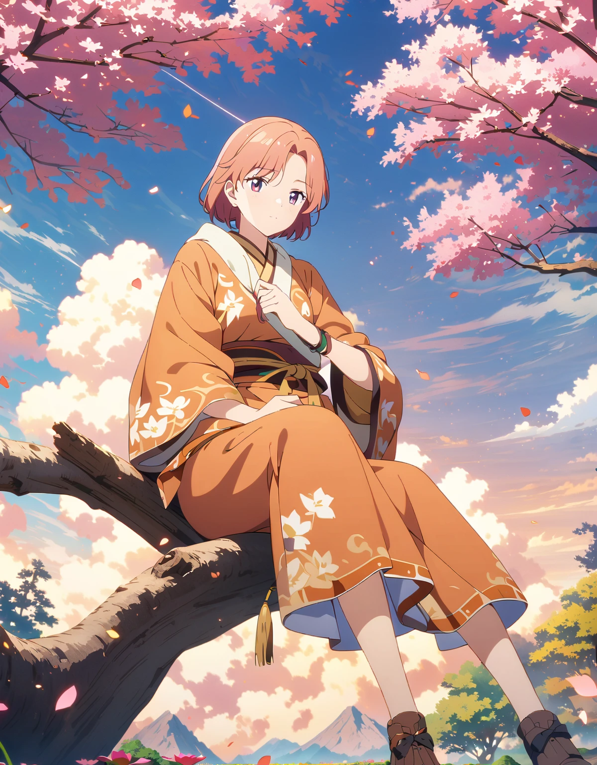 Anime buddha in a orange ancient outfit sitting under a bodhi tree, Beautiful fantasy anime, Serene clouds with evening time, Anime Art Wallpapers 8K, Anime Style 4k, anime art wallpaper 4k, anime art wallpaper 4k, sakura lotus around him, 4k anime wallpaper, Beautiful Anime, anime wallpaper 4k, anime wallpaper 4k