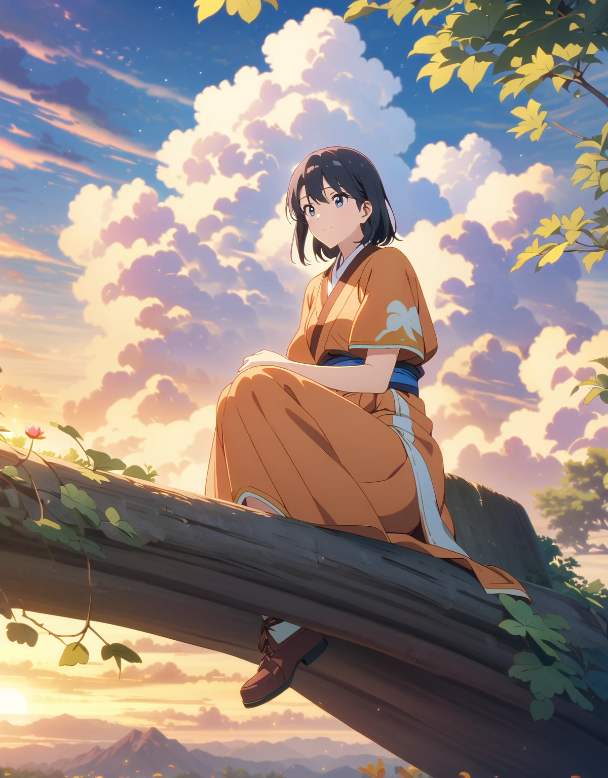 Anime buddha in a orange ancient  outfit sitting under a bodhi tree, Beautiful fantasy anime, Serene clouds with evening time, Anime Art Wallpapers 8K, Anime Style 4k, anime art wallpaper 4k, anime art wallpaper 4k, sakura lotus around him,  4k anime wallpaper, Beautiful Anime, anime wallpaper 4k, anime wallpaper 4k