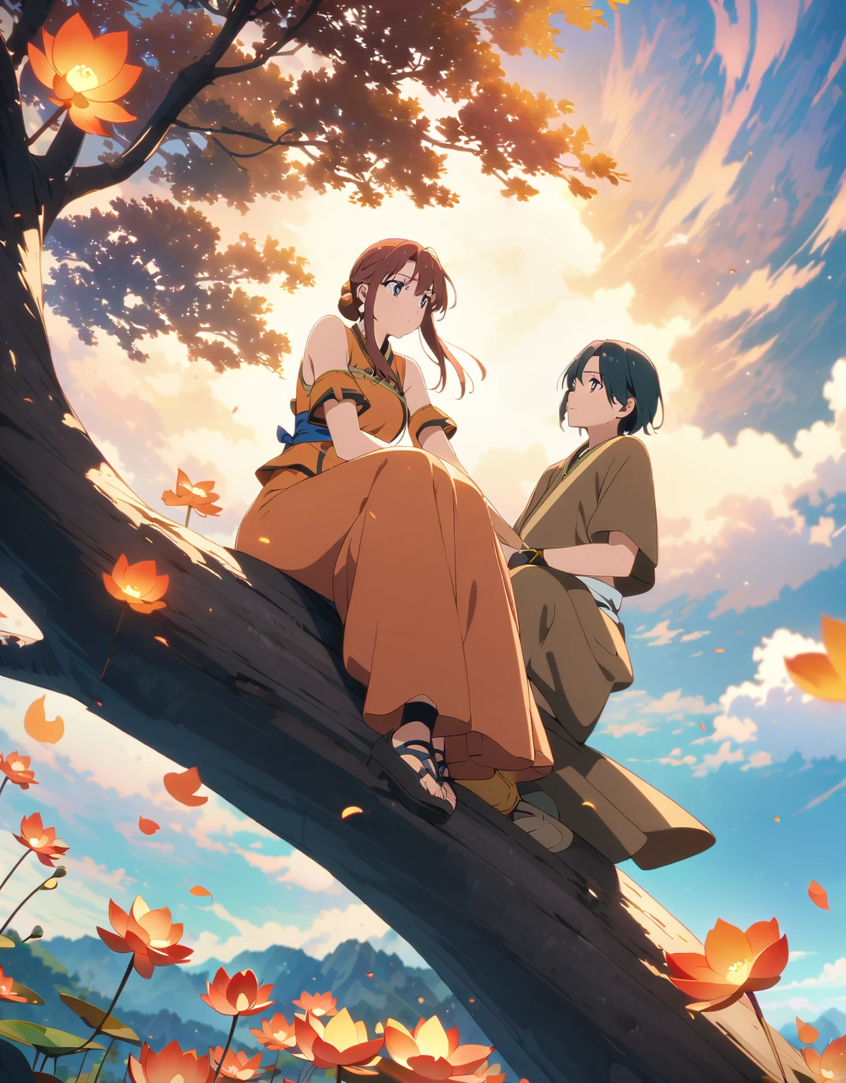 Anime buddha in a orange ancient  outfit sitting under a bodhi tree, Beautiful fantasy anime, Serene clouds with evening time, Anime Art Wallpapers 8K, Anime Style 4k, anime art wallpaper 4k, anime art wallpaper 4k, sakura lotus around him,  4k anime wallpaper, Beautiful Anime, anime wallpaper 4k, anime wallpaper 4k