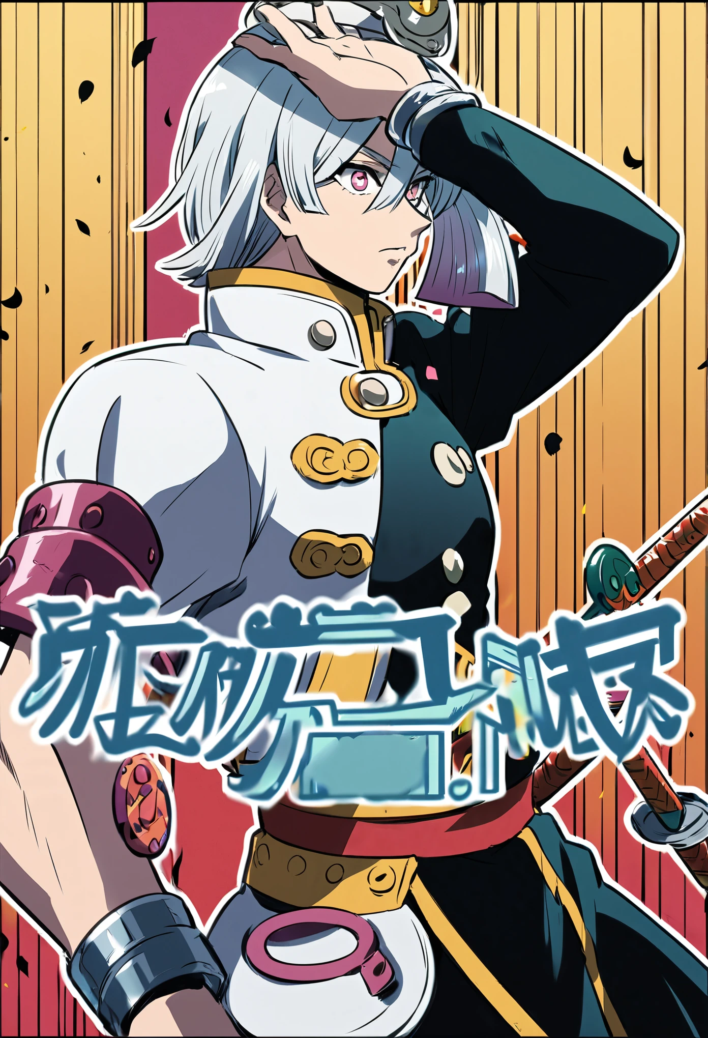 tengen uzui, anime, demon slayer style, tall man, large build, silver hair, fuschia eyes
