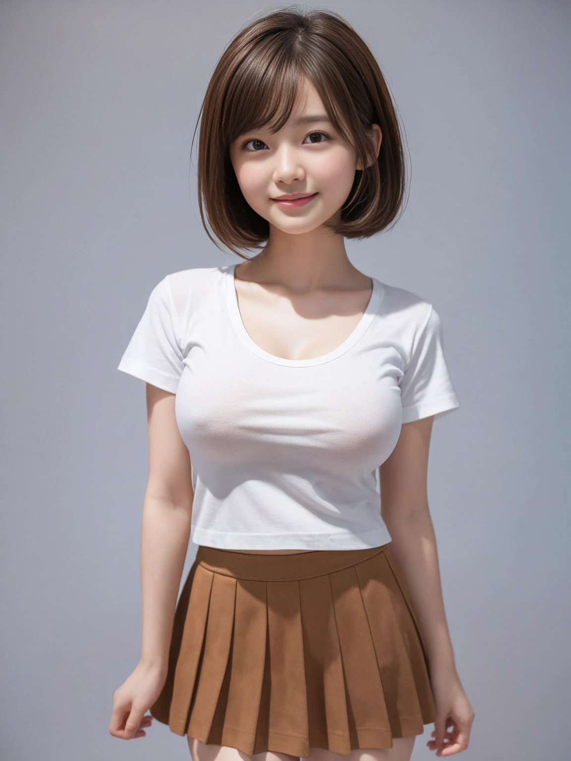 Masterpiece、Highest quality、Like the picture、Realistic、High resolution、Very detailed、Tabletop、Best image quality、Award-winning works、Cute school girl、Girl portrait photography、Glowing Skin、Brown Hair、Sculpture Pose、(The simplest pure white background:1.1)、(Big Breasts:1.3)、(Accentuate your body lines:1.1)、Very short hair、smile、T-shirt、mini skirt