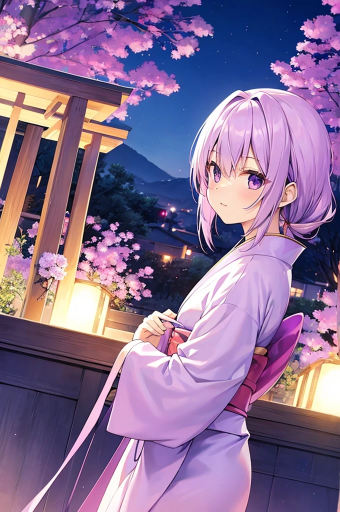 woman　clear　Light purple hair　　kimono　　Anime Style　Night garden