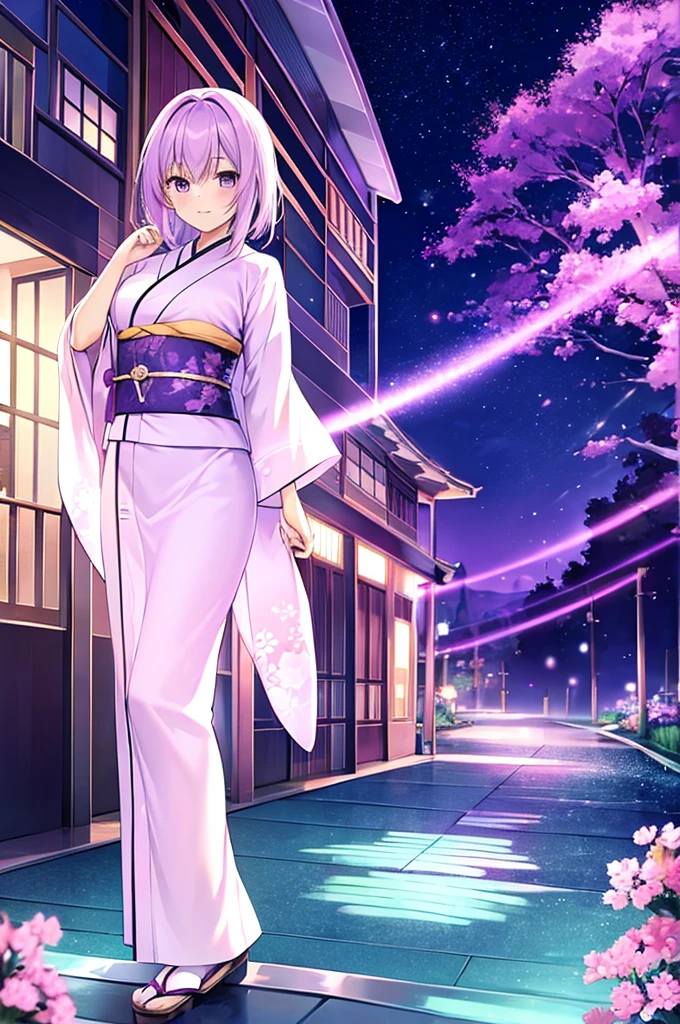 woman clear Light purple hair kimono Anime Style Night garden