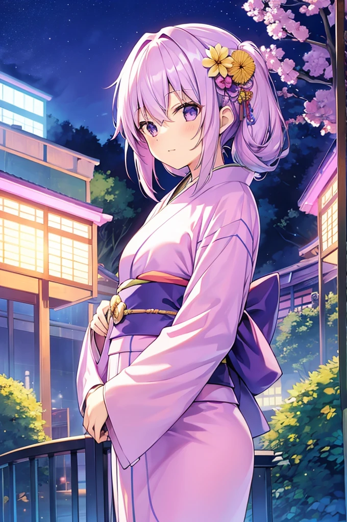 woman　clear　Light purple hair　　kimono　　Anime Style　Night garden