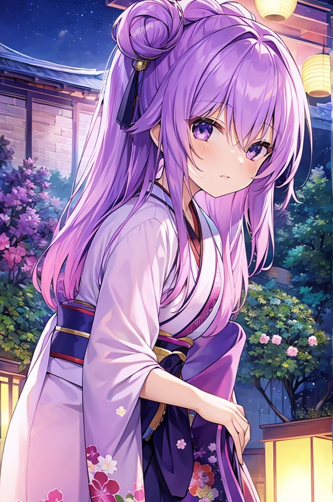 woman　clear　Light purple hair　　kimono　　Anime Style　Night garden