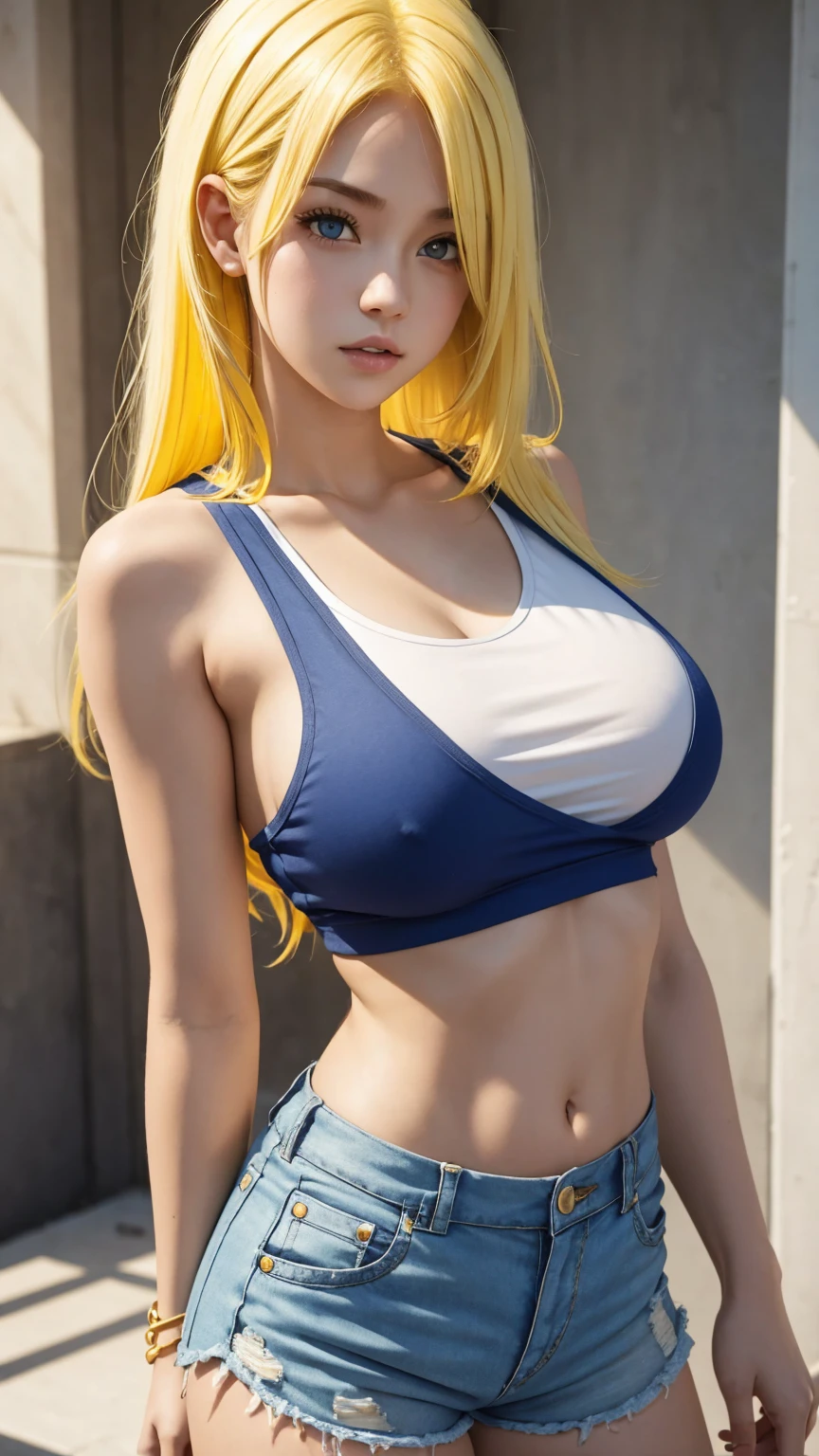 1girl, yellow hair, white tank top, large breasts, blue shorts, parted lips