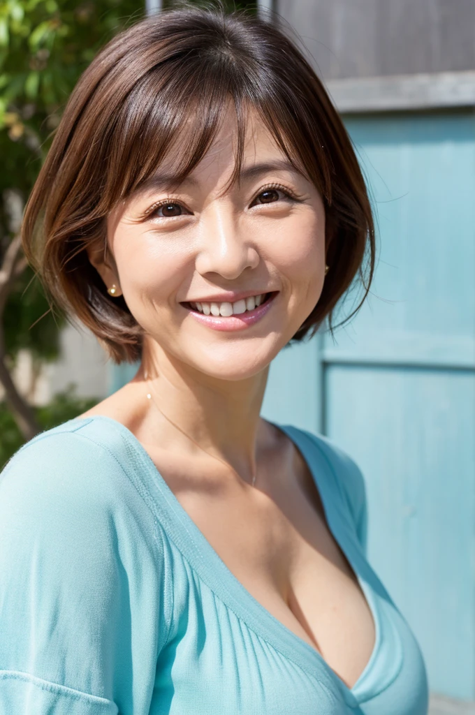 48 years old　Big Breasts　woman　A kind smile　Big eyes　Front teeth　Short Bob Hair　Japanese　classmate