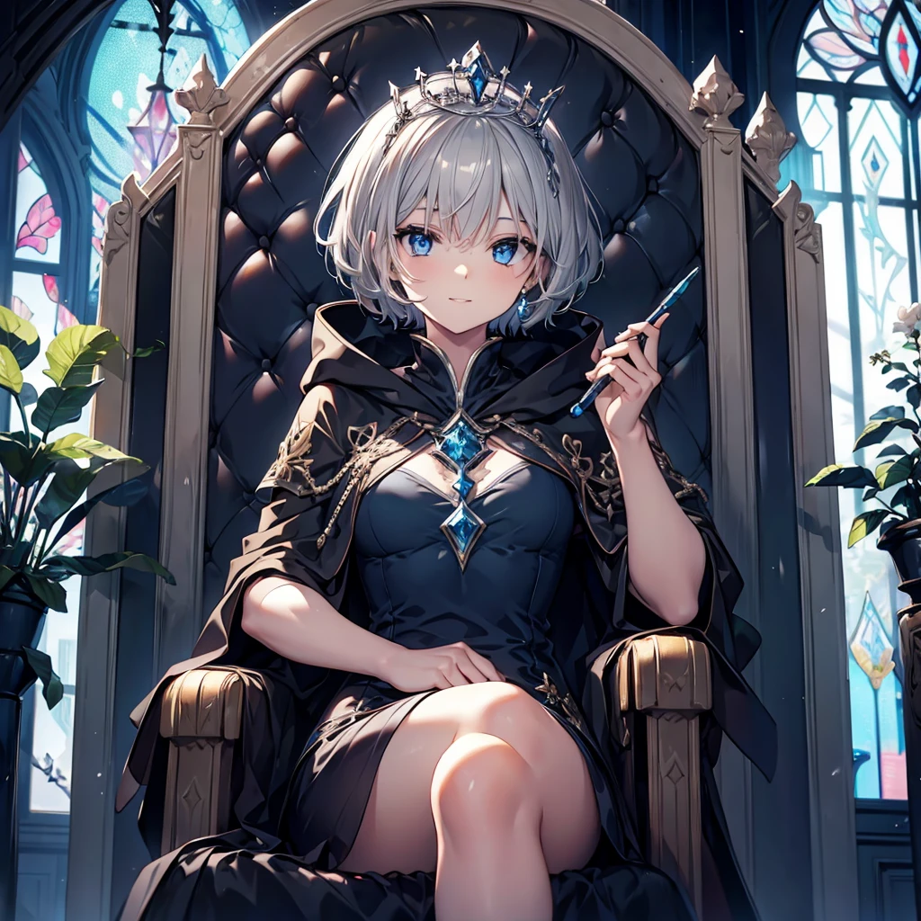 ((((Queen Sitting on the throne)))) (((Gray Hair short hair blue eyes woman Center close-up))),((Stained glass tiara Excalibur)),(Black Dress Wearing a cloak),smile Showing teeth Shining Background Shining Edges