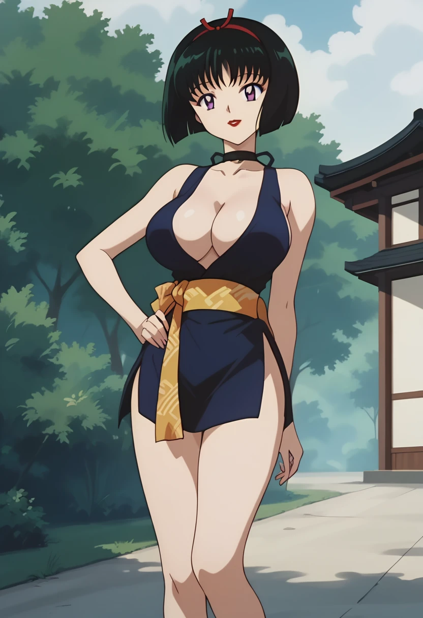 score_9, score_8_up, score_7_up, source_anime, best quality, masterpiece, rating_explicit, uncensored, 1990s (style), anime screencap, megami magazine, BREAK, SAKASAGAMINOYURA, 1GIRL, (large breasts:1.3), cleavage, BLACK HAIR, HAIR BAND, BOB_CUT, PURPLE EYES, CHOKER, SLEEVELESS, SHORT KIMONO, pelvic cartain, red lip, outdoors, looking at viewer, smile